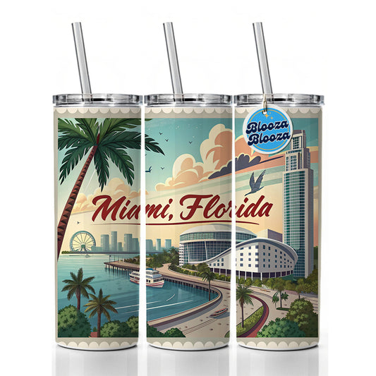 Miami, Florida FL Travel City State Stamp Skinny Tumbler 20oz with Straw Insulated Water Bottle Gift