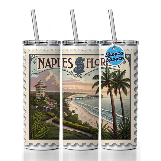 Naples, Florida FL Travel City State Stamp Skinny Tumbler 20oz with Straw Insulated Water Bottle Gift