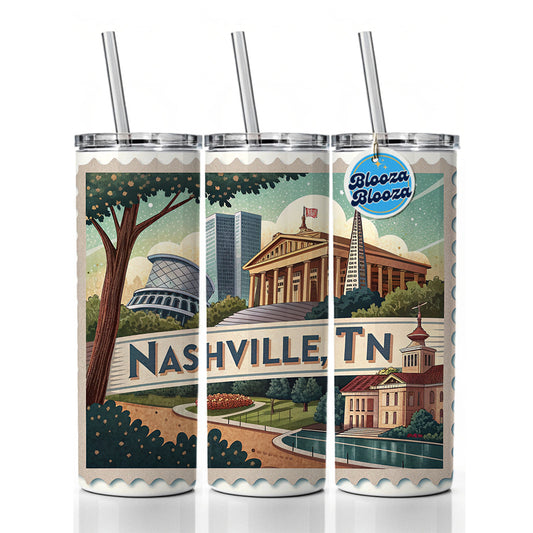 Nashville, Tennessee TN Travel City State Stamp Skinny Tumbler 20oz with Straw Insulated Water Bottle Gift