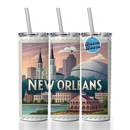 New Orleans, Louisiana LA Travel City State Stamp Skinny Tumbler 20oz with Straw Insulated Water Bottle Gift