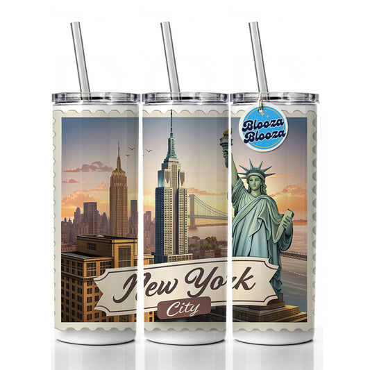 New York City NY Travel City State Stamp Skinny Tumbler 20oz with Straw Insulated Water Bottle Gift