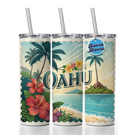 O'Ahu Hawaii HI Travel City State Stamp Skinny Tumbler 20oz with Straw Insulated Water Bottle Gift