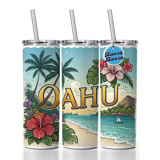 O'Ahu Hawaii HI Tropical Travel City State Stamp Skinny Tumbler 20oz with Straw Insulated Water Bottle Gift