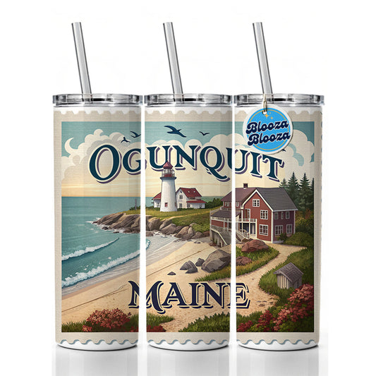 Ogunquit, Maine ME Travel City State Stamp Skinny Tumbler 20oz with Straw Insulated Water Bottle Gift