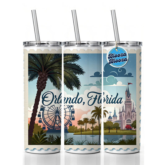 Orlando, Florida FL Travel City State Stamp Skinny Tumbler 20oz with Straw Insulated Water Bottle Gift