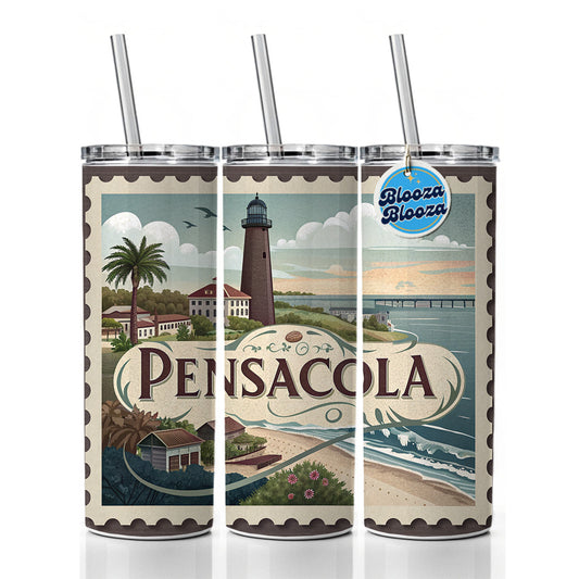 Pensacola, Florida FL Travel City State Stamp Skinny Tumbler 20oz with Straw Insulated Water Bottle Gift