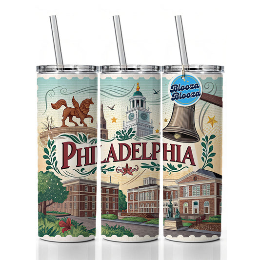 Philadelphia PA Travel City State Stamp Skinny Tumbler 20oz with Straw Insulated Water Bottle Gift