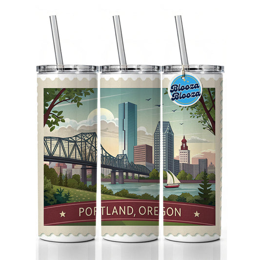 Portland, Oregon OR Travel City State Stamp Skinny Tumbler 20oz with Straw Insulated Water Bottle Gift