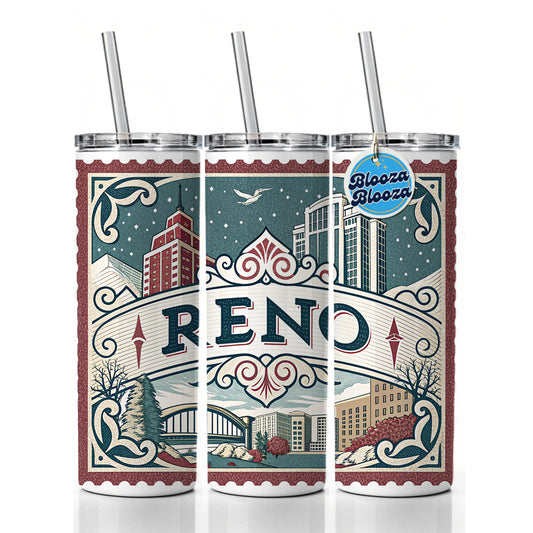 Reno, Nevada NV Travel City State Stamp Skinny Tumbler 20oz with Straw Insulated Water Bottle Gift