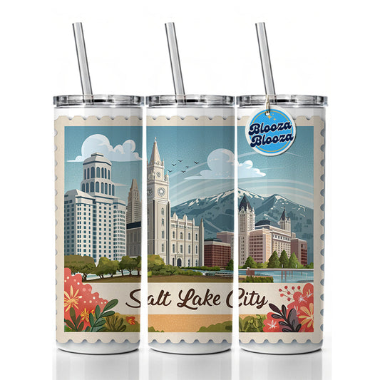 Salt Lake City, Utah UT Travel City State Stamp Skinny Tumbler 20oz with Straw Insulated Water Bottle Gift