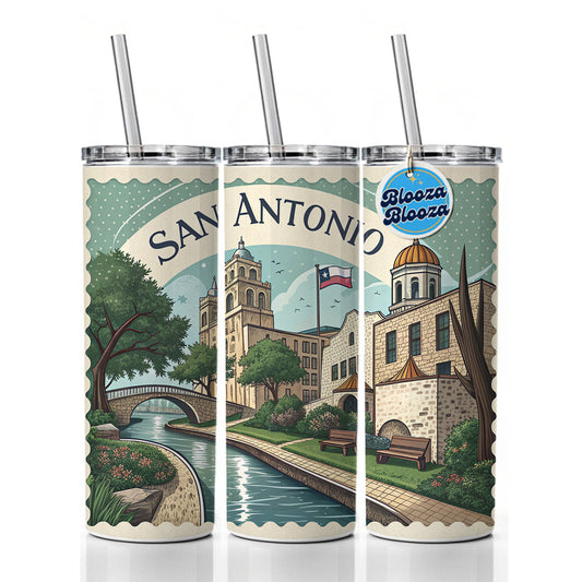 San Antonio, Texas TX Travel City State Stamp Skinny Tumbler 20oz with Straw Insulated Water Bottle Gift
