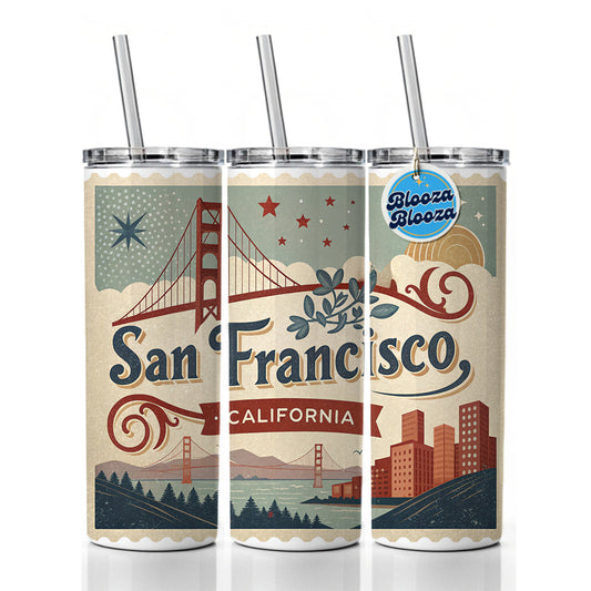 San Francisco, California CA Travel City State Stamp Skinny Tumbler 20oz with Straw Insulated Water Bottle Gift
