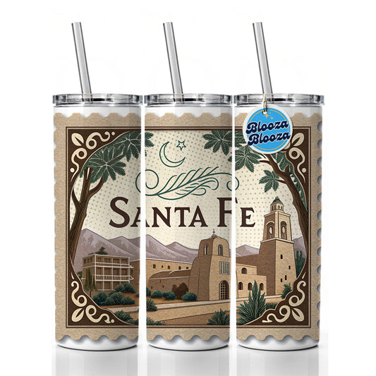 Santa Fe, New Mexico NM Travel City State Stamp Skinny Tumbler 20oz with Straw Insulated Water Bottle Gift