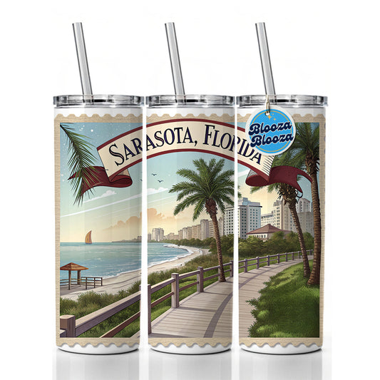 Sarasota, Florida FL Travel City State Stamp Skinny Tumbler 20oz with Straw Insulated Water Bottle Gift