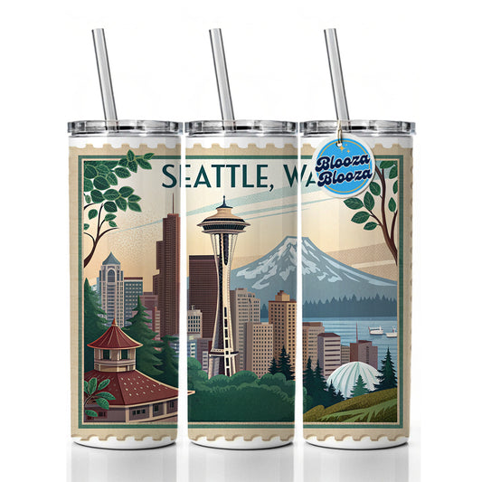 Seattle, Washington WA Travel City State Stamp Skinny Tumbler 20oz with Straw Insulated Water Bottle Gift