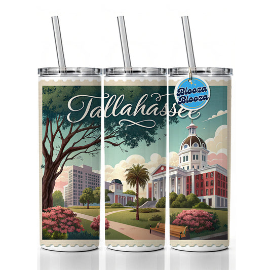 Tallahassee, Florida FL Travel City State Stamp Skinny Tumbler 20oz with Straw Insulated Water Bottle Gift