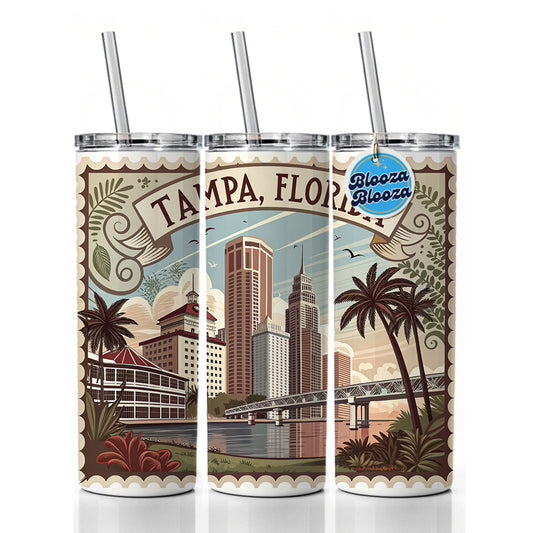 Tampa, Florida FL Travel City State Stamp Skinny Tumbler 20oz with Straw Insulated Water Bottle Gift