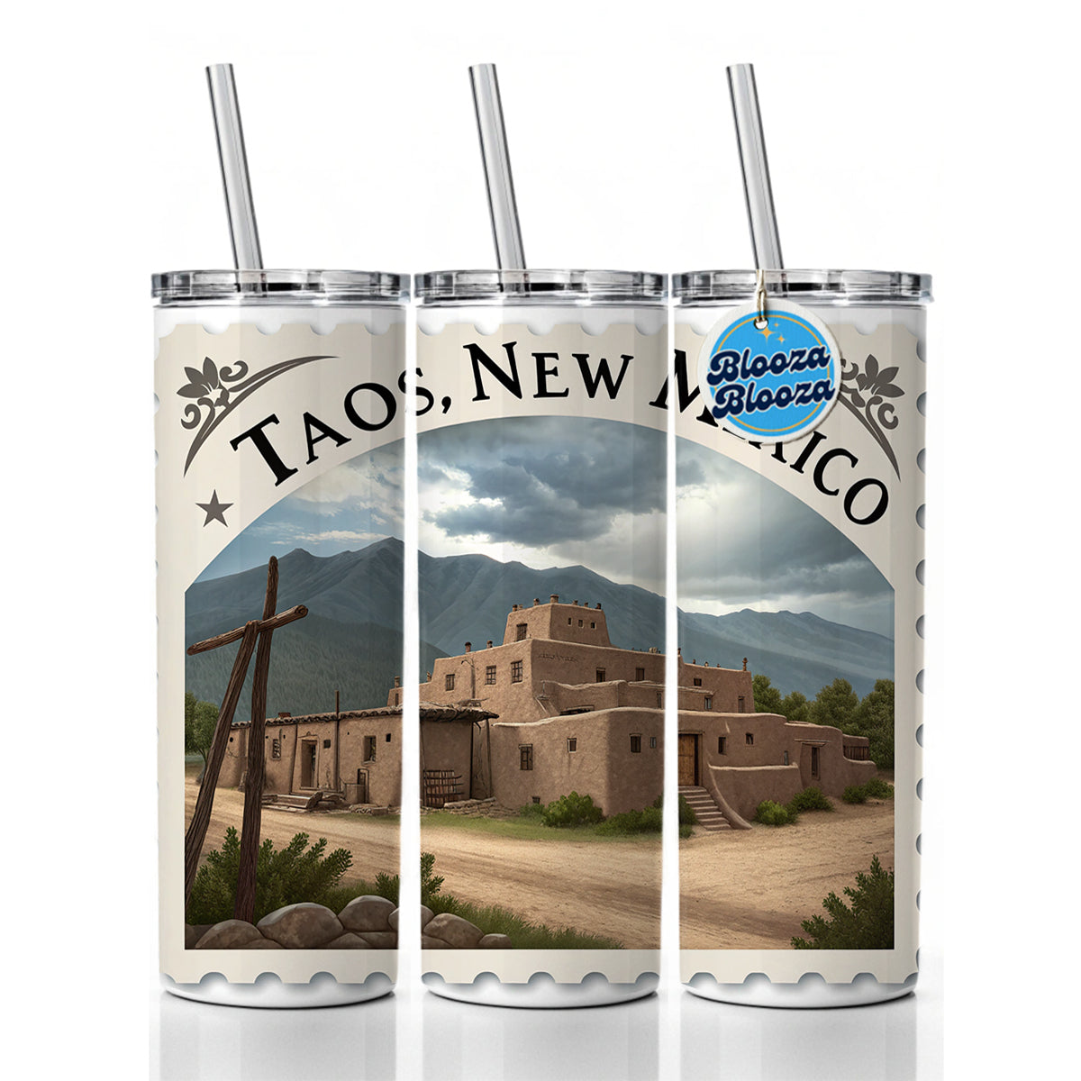 Taos, New Mexico NM Travel City State Stamp Skinny Tumbler 20oz with Straw Insulated Water Bottle Gift