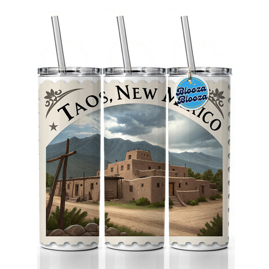 Taos, New Mexico NM Travel City State Stamp Skinny Tumbler 20oz with Straw Insulated Water Bottle Gift