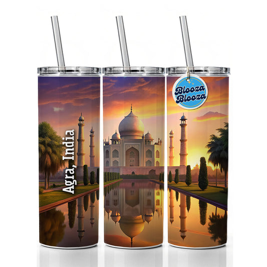 Agra, India Travel City Country Stamp Skinny Tumbler 20oz with Straw Insulated Water Bottle Gift