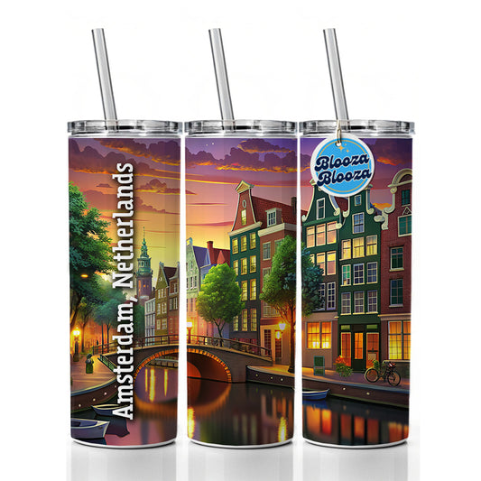 Amsterdam, Netherlands Travel City Country Stamp Skinny Tumbler 20oz with Straw Insulated Water Bottle Gift