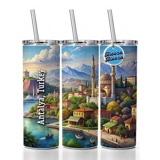 Antalya, Turkey Travel City Country Stamp Skinny Tumbler 20oz with Straw Insulated Water Bottle Gift