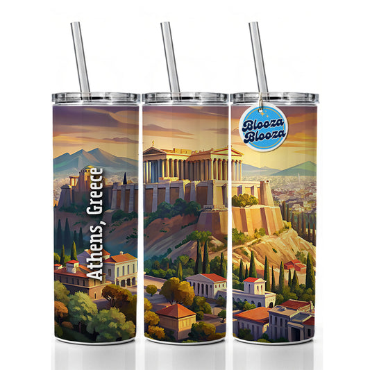 Athens, Greece Travel City Country Stamp Skinny Tumbler 20oz with Straw Insulated Water Bottle Gift