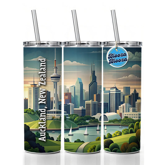 Auckland, New Zealand Travel City Country Stamp Skinny Tumbler 20oz with Straw Insulated Water Bottle Gift
