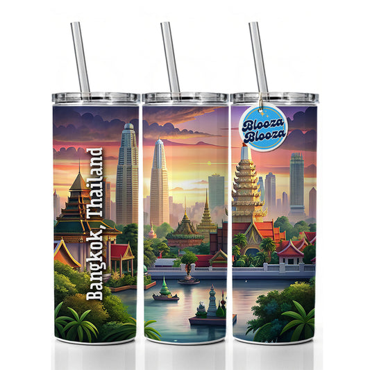 Bangkok, Thailand Travel City Country Stamp Skinny Tumbler 20oz with Straw Insulated Water Bottle Gift