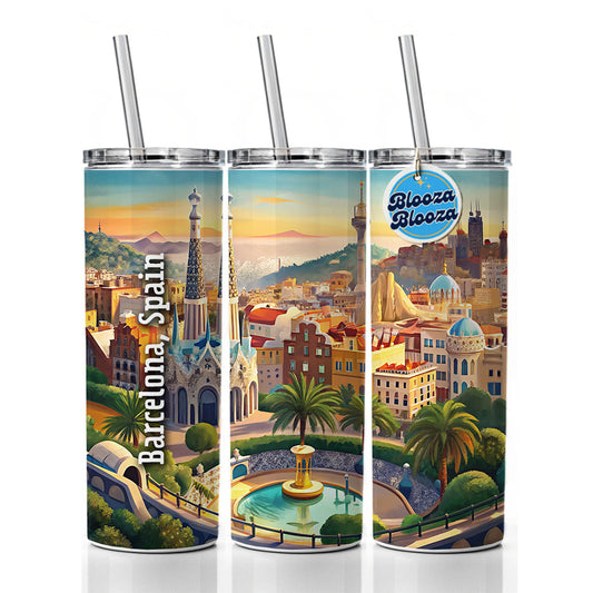 Barcelona, Spain Travel City Country Stamp Skinny Tumbler 20oz with Straw Insulated Water Bottle Gift