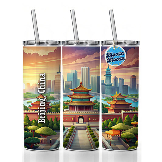 Beijing, China Travel City Country Stamp Skinny Tumbler 20oz with Straw Insulated Water Bottle Gift