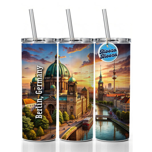 Berlin, Germany Travel City Country Stamp Skinny Tumbler 20oz with Straw Insulated Water Bottle Gift