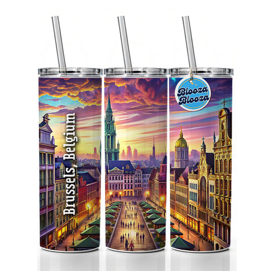 Brussels, Belgium Travel City Country Stamp Skinny Tumbler 20oz with Straw Insulated Water Bottle Gift