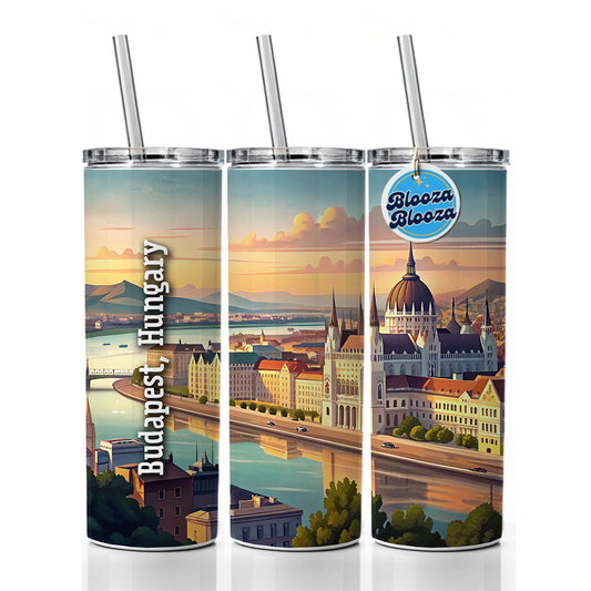 Budapest, Hungary Travel City Country Stamp Skinny Tumbler 20oz with Straw Insulated Water Bottle Gift