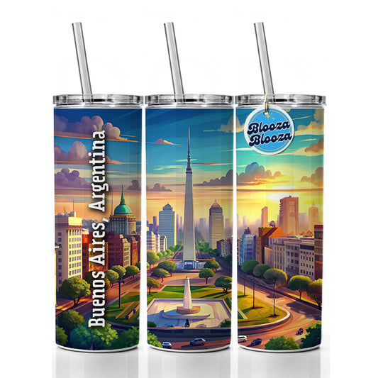 Buenos Aires, Argentina Travel City Country Stamp Skinny Tumbler 20oz with Straw Insulated Water Bottle Gift