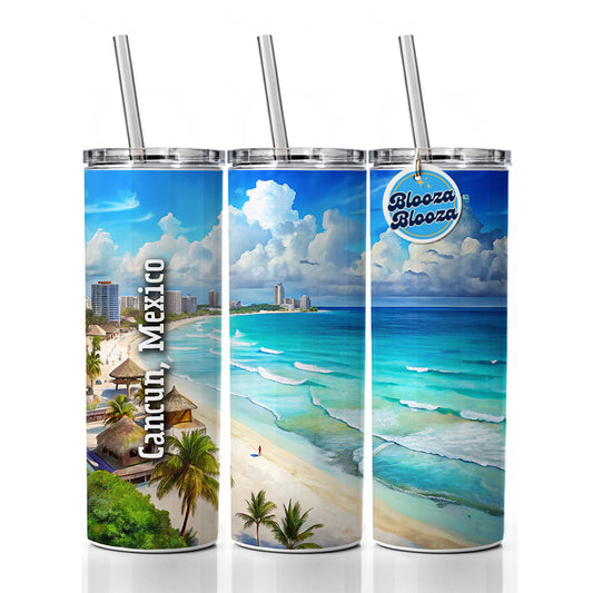 Cancun, Mexico Travel City Country Stamp Skinny Tumbler 20oz with Straw Insulated Water Bottle Gift