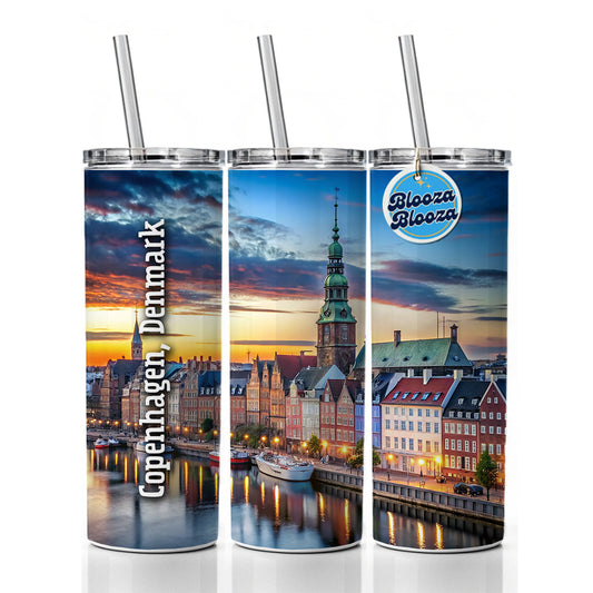Copenhagen, Denmark Travel City Country Stamp Skinny Tumbler 20oz with Straw Insulated Water Bottle Gift