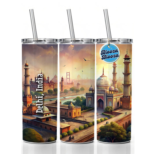 Delhi, India Travel City Country Stamp Skinny Tumbler 20oz with Straw Insulated Water Bottle Gift