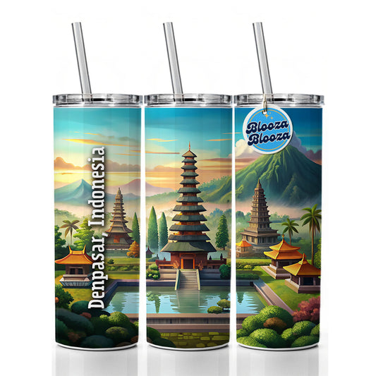 Denpasar, Indonesia Travel City Country Stamp Skinny Tumbler 20oz with Straw Insulated Water Bottle Gift