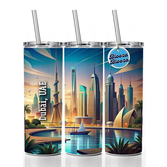 Dubai, UAE Travel City Country Stamp Skinny Tumbler 20oz with Straw Insulated Water Bottle Gift