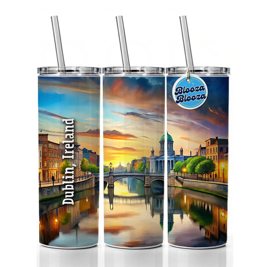 Dublin, Ireland Travel City Country Stamp Skinny Tumbler 20oz with Straw Insulated Water Bottle Gift