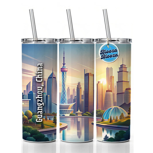 Guangzhou, China Travel City Country Stamp Skinny Tumbler 20oz with Straw Insulated Water Bottle Gift