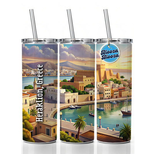 Heraklion, Greece Travel City Country Stamp Skinny Tumbler 20oz with Straw Insulated Water Bottle Gift
