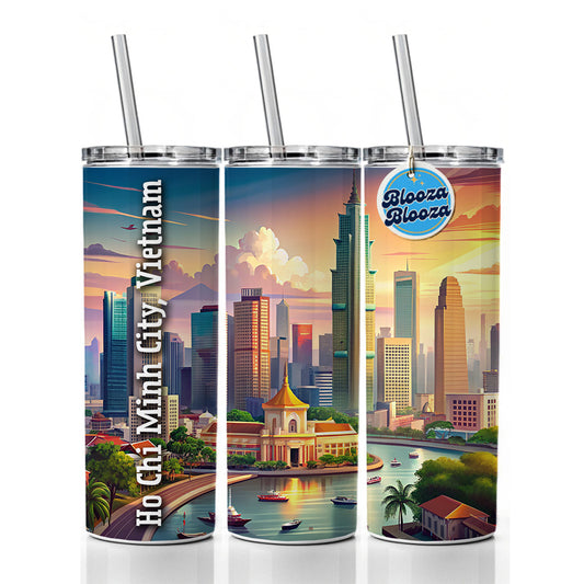 Ho Chi Minh City, Vietnam Travel City Country Stamp Skinny Tumbler 20oz with Straw Insulated Water Bottle Gift