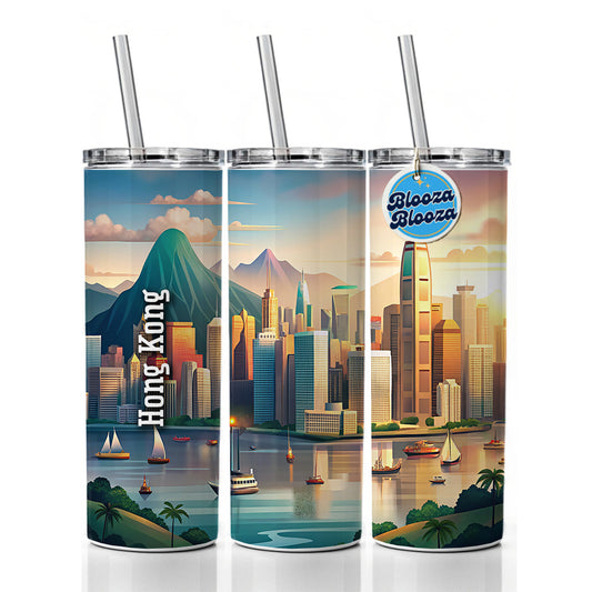 Hong Kong Travel City Country Stamp Skinny Tumbler 20oz with Straw Insulated Water Bottle Gift