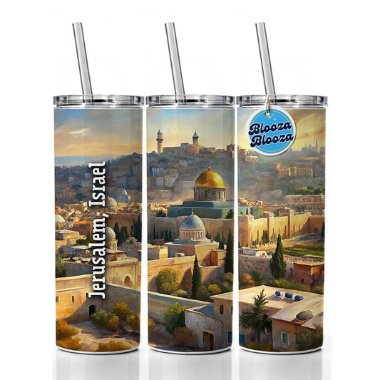 Jerusalem, Israel Travel City Country Stamp Skinny Tumbler 20oz with Straw Insulated Water Bottle Gift