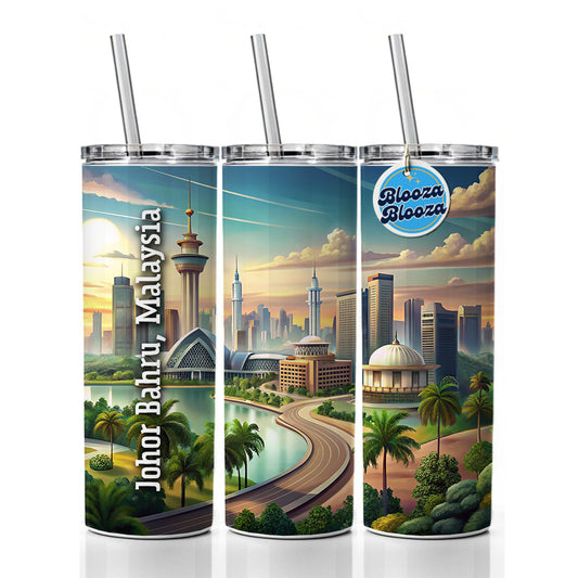 Johor Bahru, Malaysia Travel City Country Stamp Skinny Tumbler 20oz with Straw Insulated Water Bottle Gift