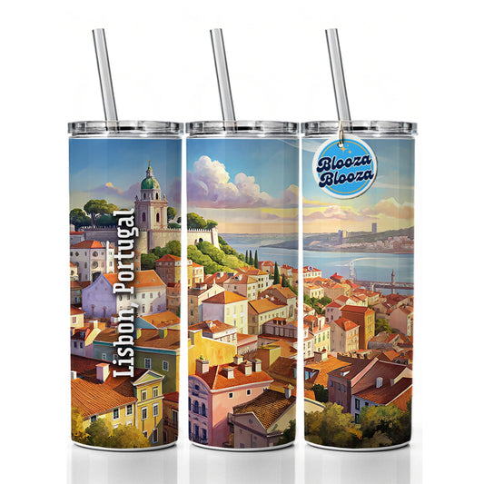 Lisbon, Portugal Travel City Country Stamp Skinny Tumbler 20oz with Straw Insulated Water Bottle Gift