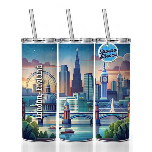 London, England Travel City Country Stamp Skinny Tumbler 20oz with Straw Insulated Water Bottle Gift