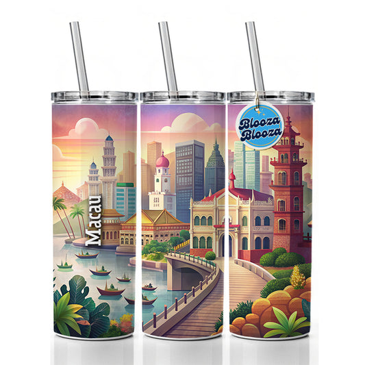 Macau Travel City Country Stamp Skinny Tumbler 20oz with Straw Insulated Water Bottle Gift